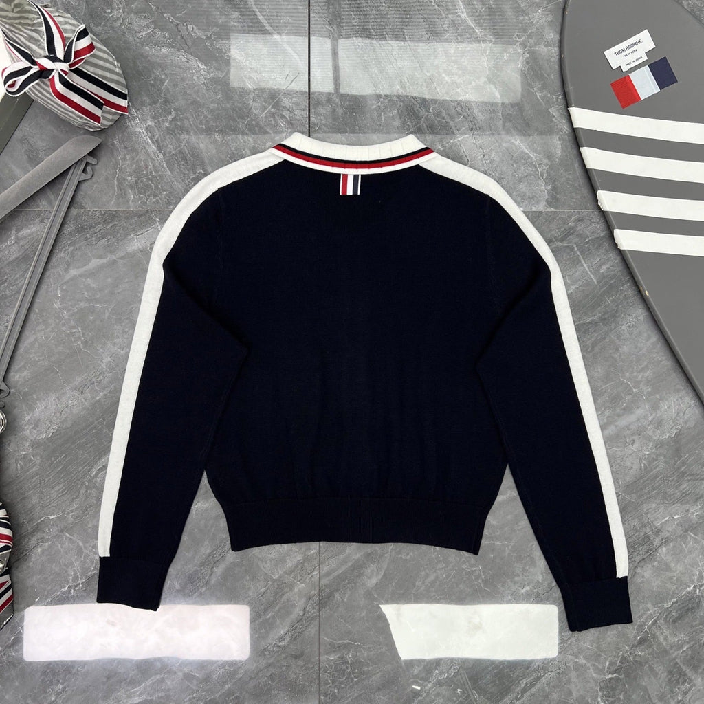 Thom Browne Style Contrast-Stripe Zip-Up Knit Jacket