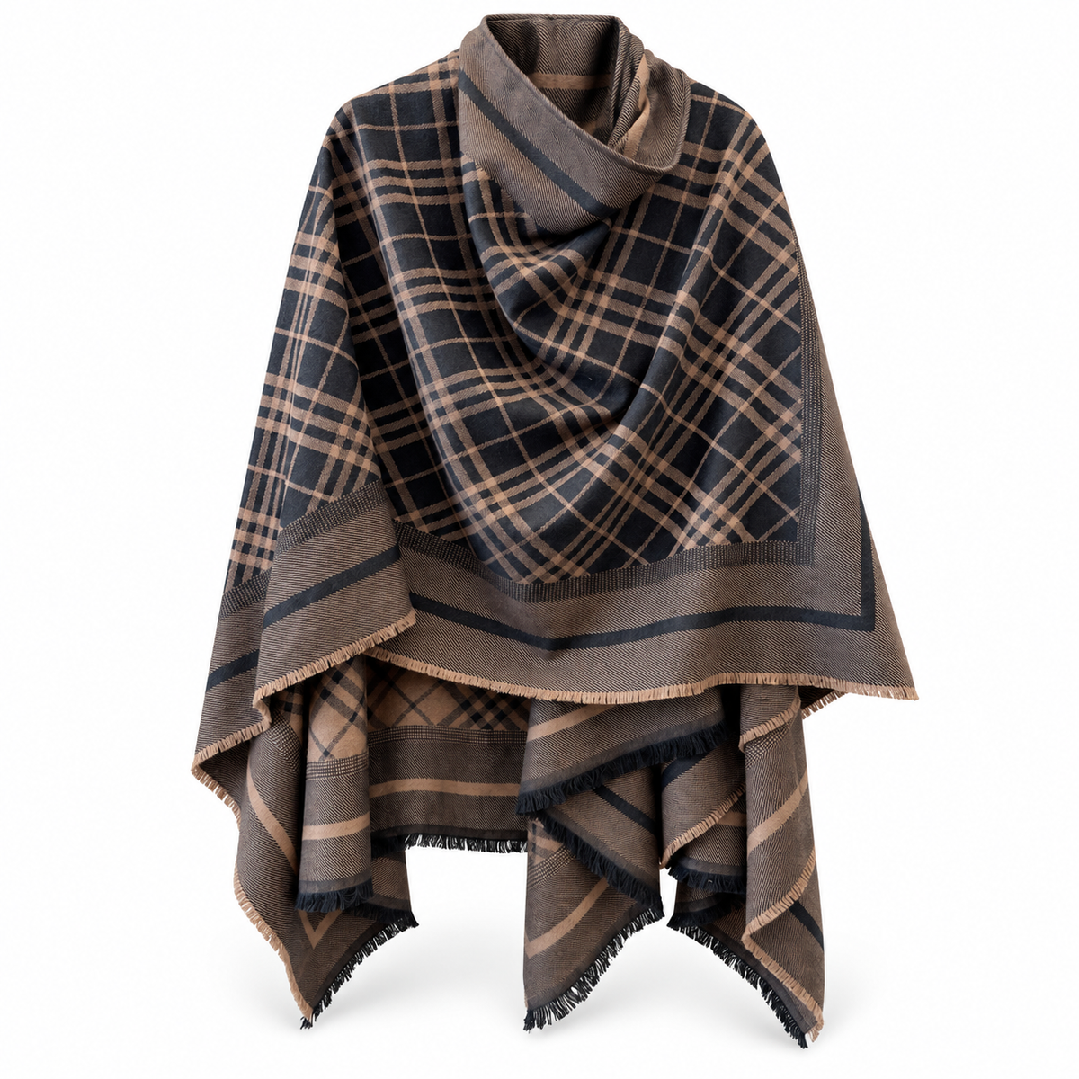 Burberry Style Reversible Plaid Cape Shawl