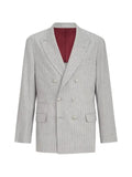 Brunello Cucinelli Virgin wool and cashmere chalk stripe flannel one-and-a-half breasted deconstructed blazer with metal buttons