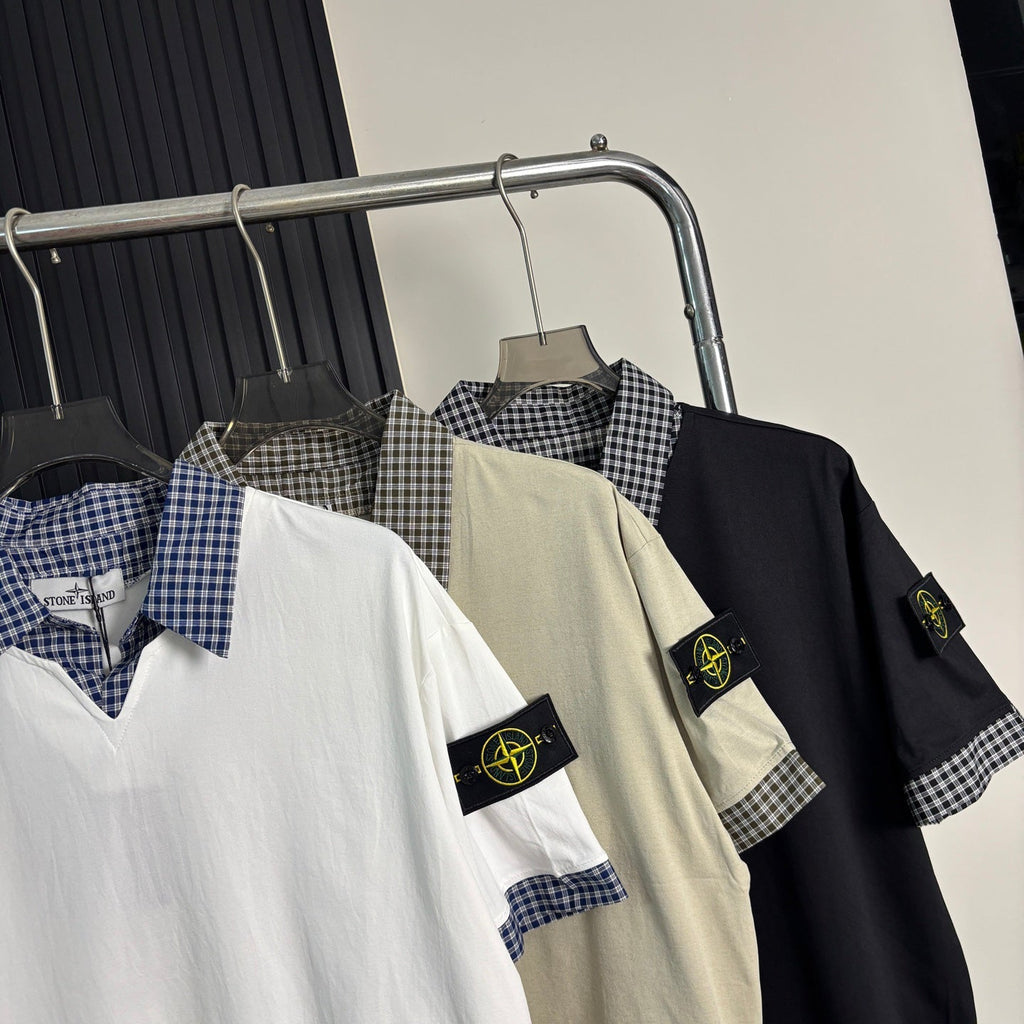 Stone Island Faux Two-Piece Short Sleeve Top with Gingham Collar