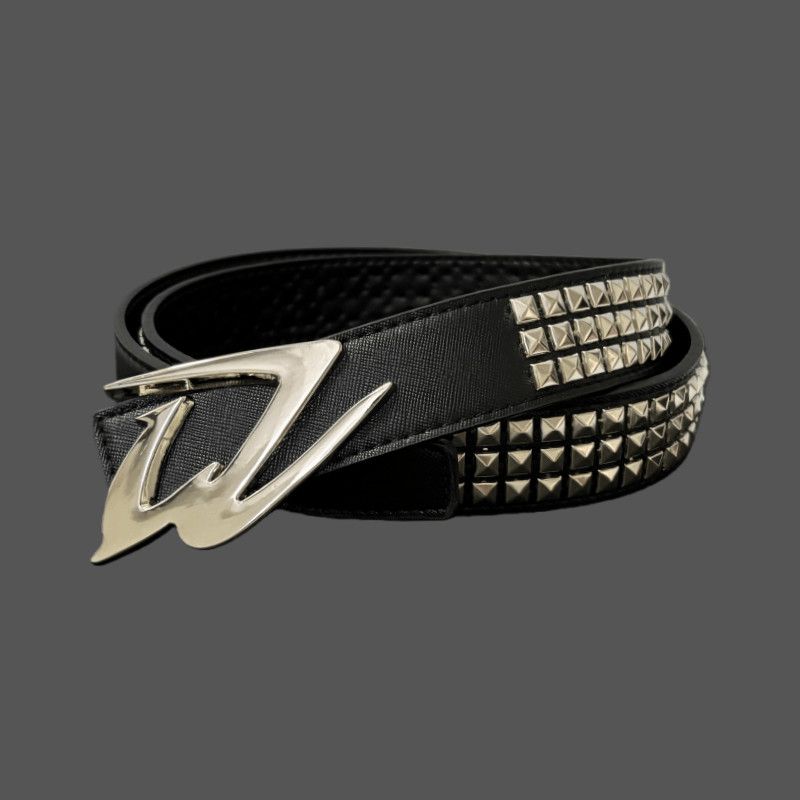 Y2K Punk Studded Leather Belt Futuristic Logo Metal Buckle Waist Belt