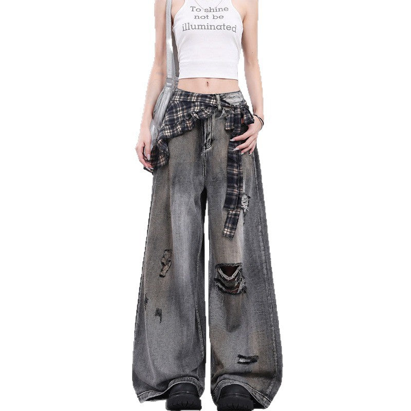 Vintage Distressed Ripped Wide Leg Jeans with Plaid Skirt Overlay