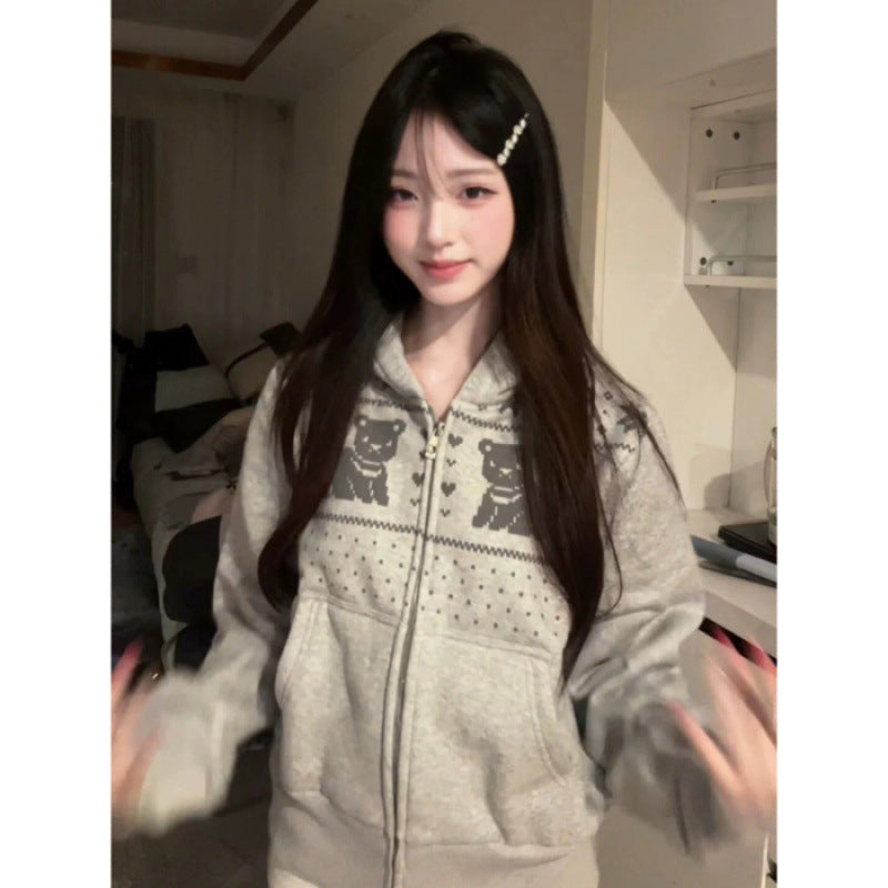 Korean Retro Nordic Bear Print Zip‑Up Hoodie Casual Loose Women Jacket
