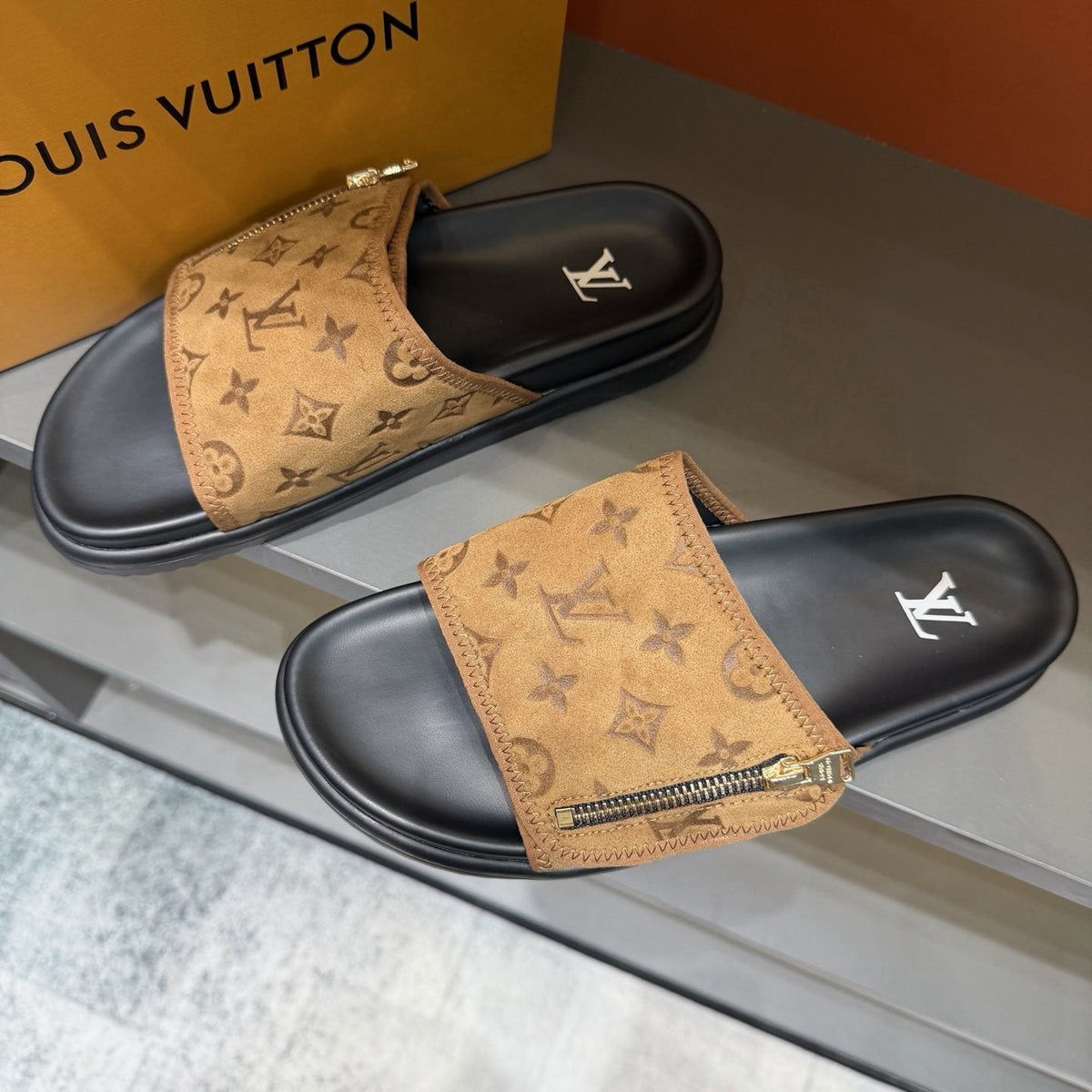 Louis Vuitton Tan Monogram Slide Sandals