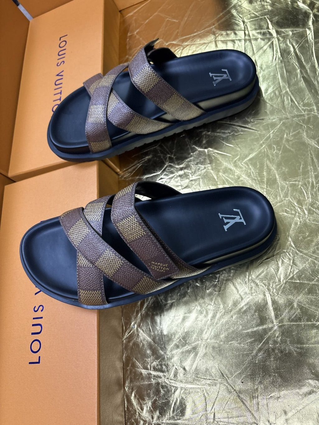 Louis Vuitton Checkered Cross-Strap Slide Sandals