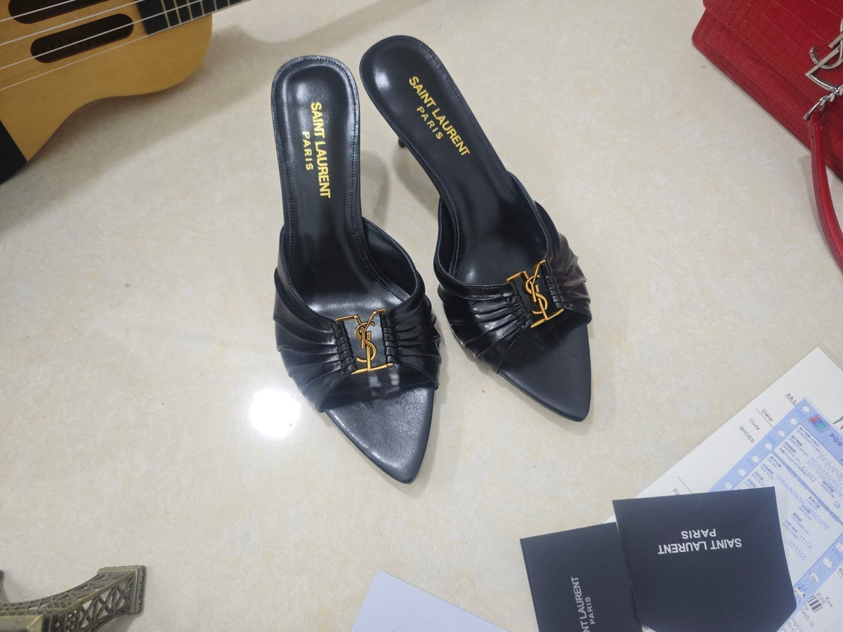 Saint Laurent Women's Ruched Logo Mule Heels